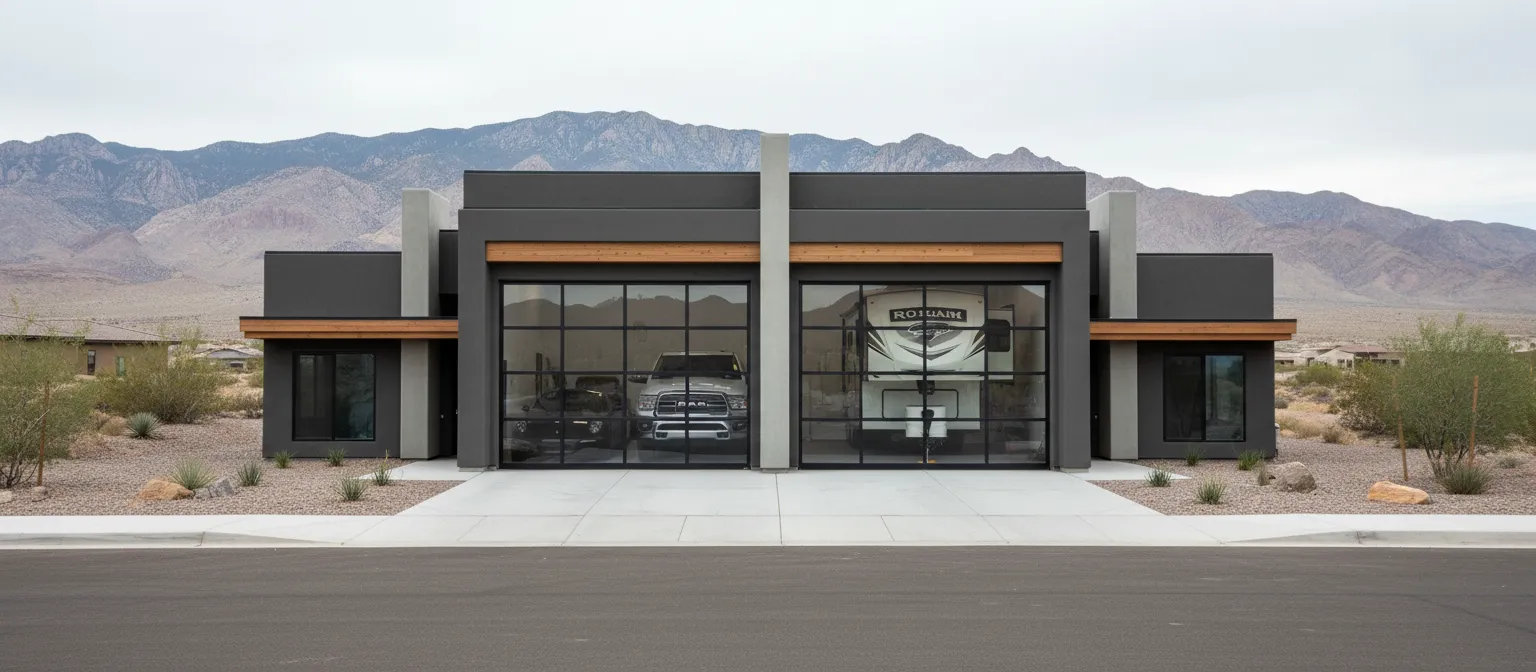 Modern desert home at The Hills at Cielo Los Lagos with glass RV garage doors revealing an RV and truck, framed by the Fort Mohave mountains