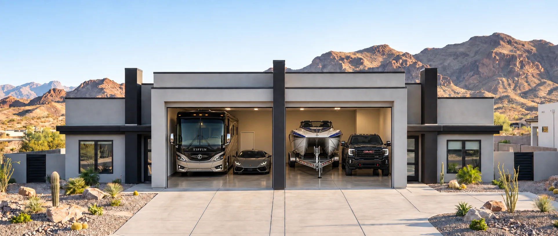 Luxury RV-garage home at The Hills at Cielo Los Lagos with garages open, holding a Tiffin motorhome, Lamborghini, wake boat, and truck against the Fort Mohave mountains
