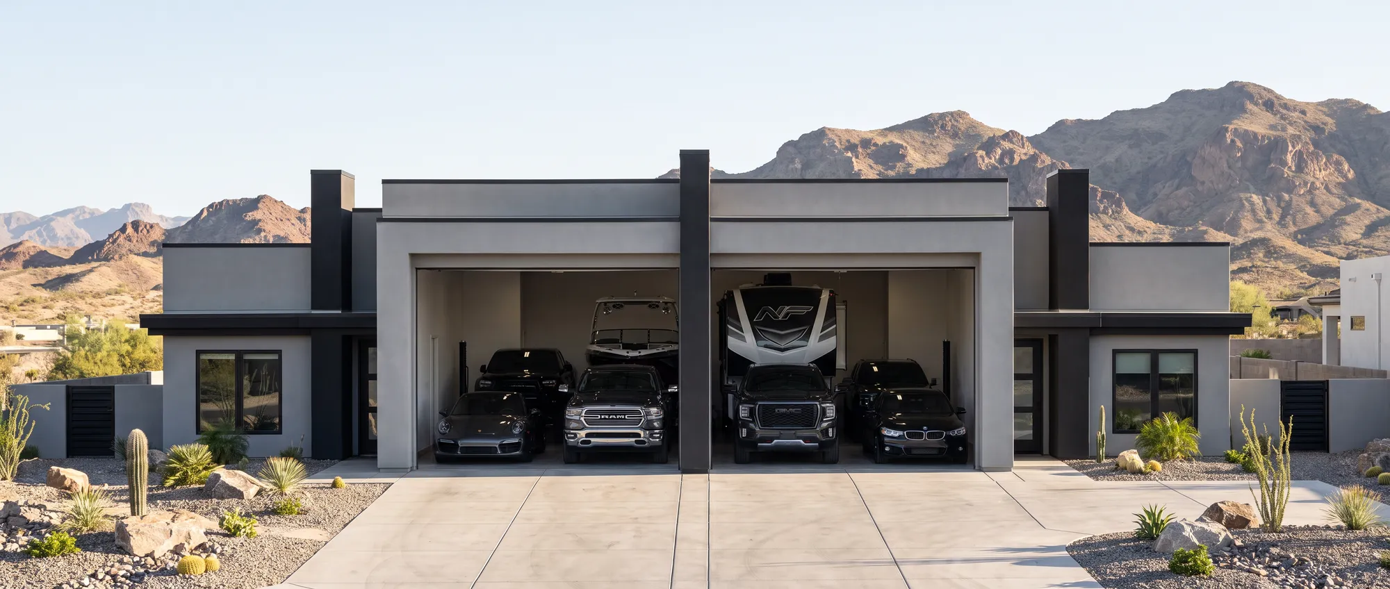 Luxury RV-garage home at The Hills at Cielo Los Lagos with garages open, holding a Class-A motorhome, wake boat, and vehicles against the Fort Mohave mountains