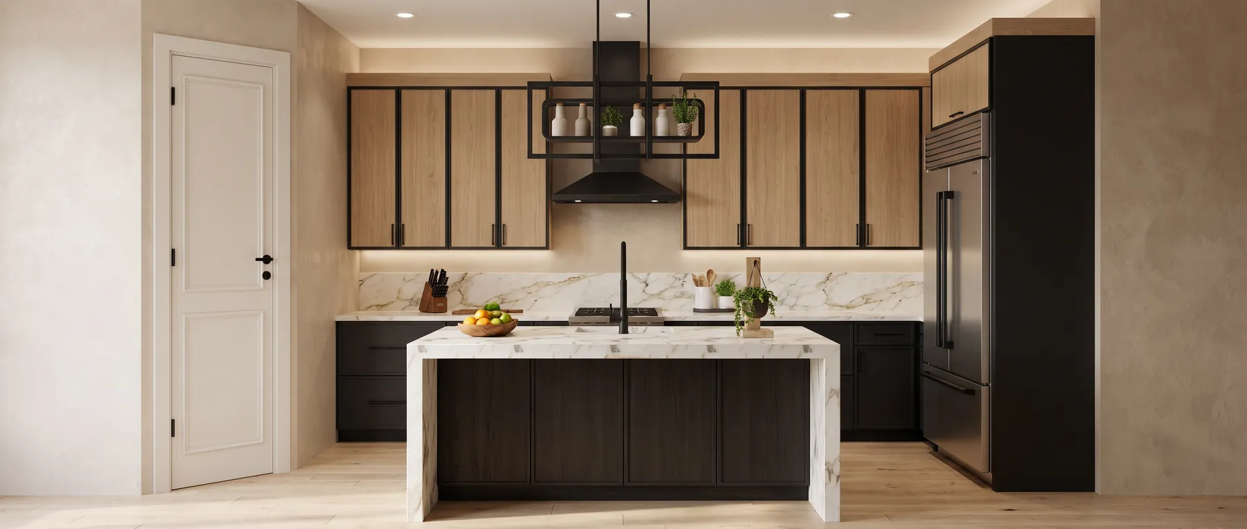 Modern kitchen with a marble waterfall island and two-tone cabinetry