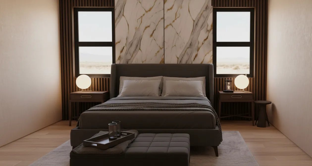 Owner’s suite with a marble feature wall and desert views at The Hills at Cielo Los Lagos