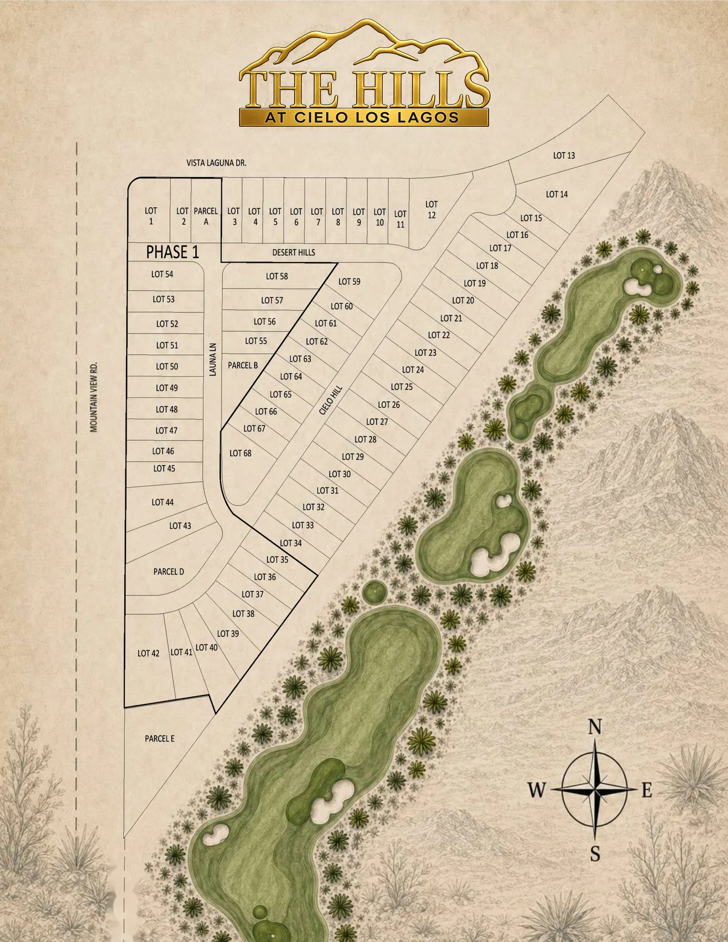 The Hills at Cielo Los Lagos Phase 1 site plan showing 68 numbered homesites along the Los Lagos golf course and lakes in Fort Mohave, Arizona